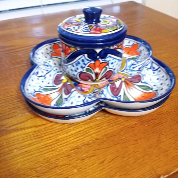 Serving Set~Chips & Dip/Appetizers/Toppings~Floral~Made In Mexico~Lead Free - Picture 8 of 14